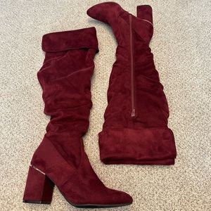 Over the knee heeled boots in burgundy/cherry